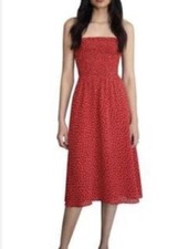 Reformation Sable Midi Dress Smocked Bust Tie Spaghetti Strap in Red Polka Dot