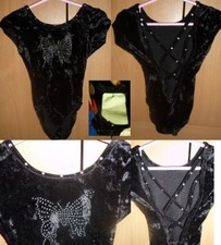 Dance Ballet Gymnastics Black velvet leotard w butterfly crystals Girls 4 6 XS