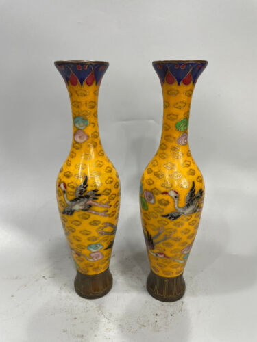 YCollect China fine copper enamel cloisonne handmade painting crane pattern vase - Foto 1 di 6
