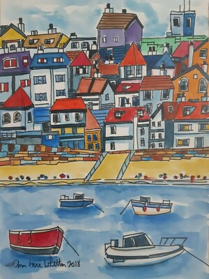 Ann Marie Whitton, ''ST IVES HOUSES VIEW AND BOATS CORNWALL'', original, Aquarell