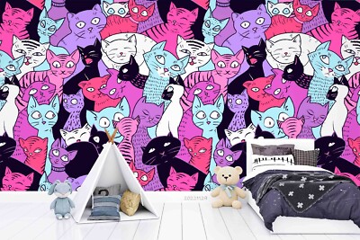 3D Cat Watercolor Pattern Self-adhesive Removable Wallpaper Murals
