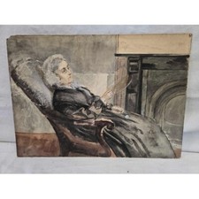Antico quadro acquerello carta su cartoncino vecchia signora in tavolozza grigia
