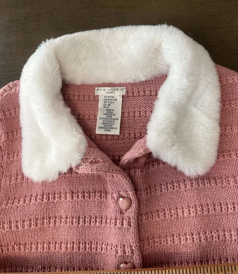 Max Studio Kids Pink Shimmery Holiday Sweater With Fur Collar Girls Size 7/8 - Image 3 of 4