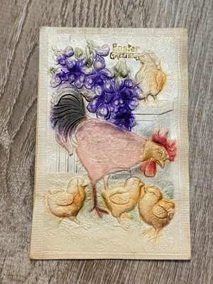 Antique Easter Card Embossed Rooster Spring Chicks Vtg Postcard I68