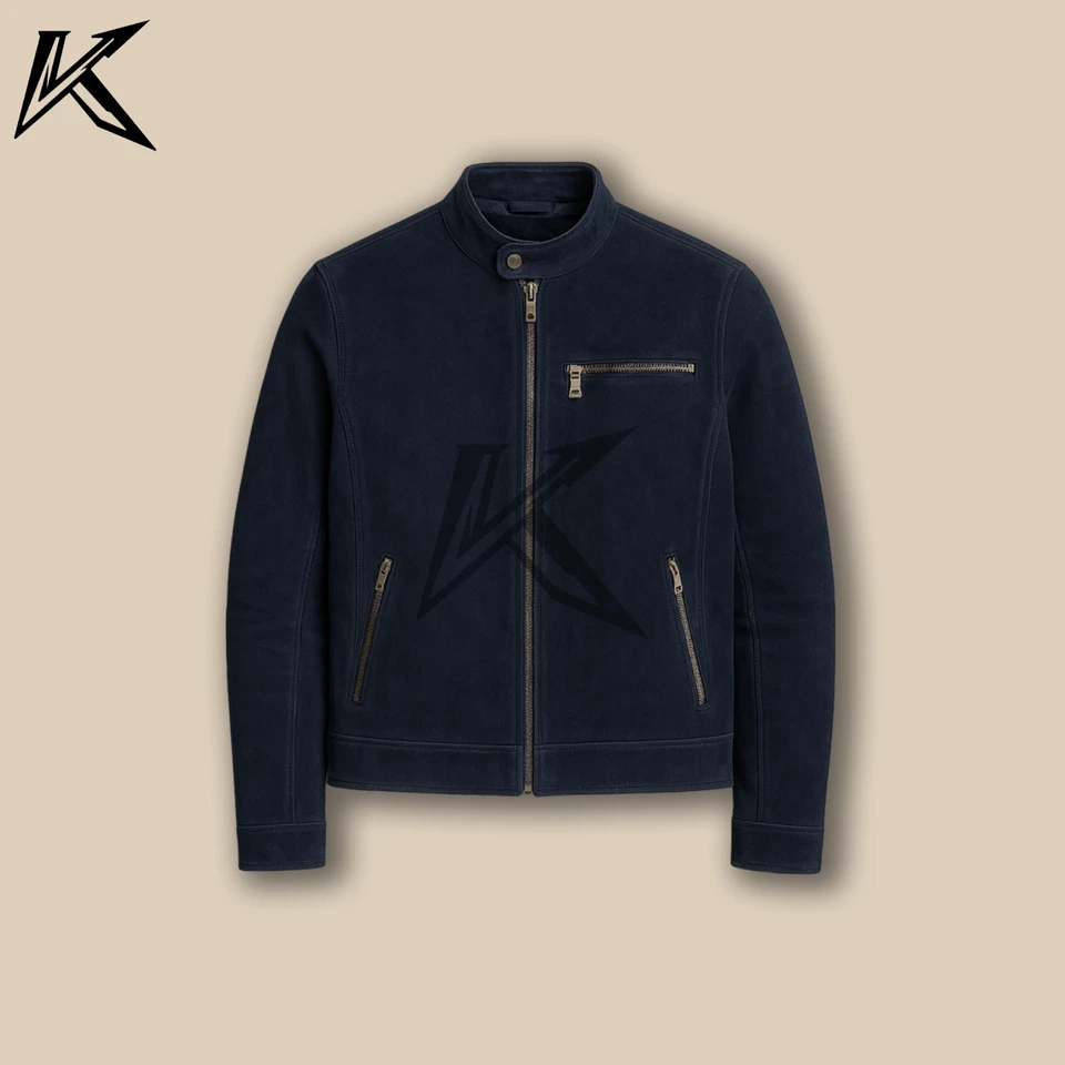 Mens Navy Suede Moto Jacket Biker Style Zip Up Lightweight Faux Suede Coat - Image 3 of 4