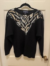 Vintage Le Chois Womens Sweater 80s Black Beaded Holiday Dynasty Glam Sz L