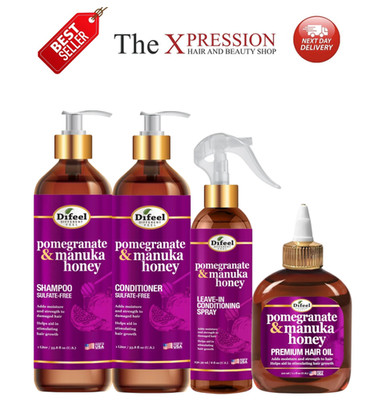 Difeel Granatapfel Manuka Honig Haar Set Shampoo Conditioner Öl Next Day UK