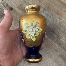 Bohemia Glass Cobalt Blue Gold / Raised Enamel Vase Czech-Vintage New