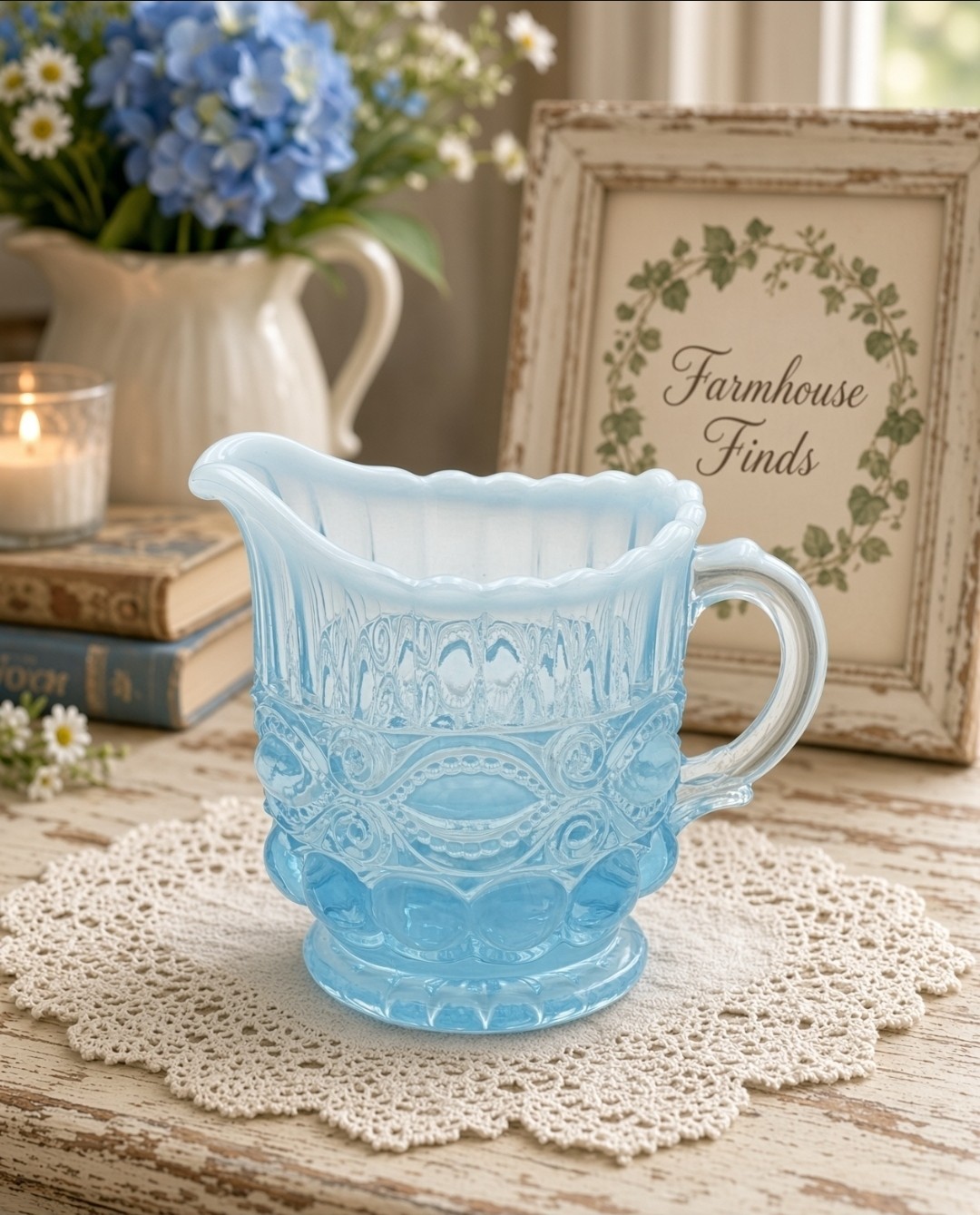 Mosser Glass Eye Winker Creamer Blue Opalescent Small Pitcher 4.5" USA New