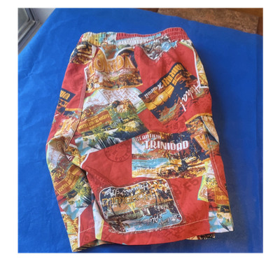 Caribbean Joe Swim Trunks XXL Red Yellow Tropical Postcard Print Elastic Waist