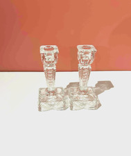 Vintage Pair Clear Pressed Glass Candlestick Holders Art Deco Style Candlestick
