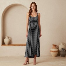 Heatons Maxi Dress Black White Striped M L Jersey Sleeveless Comfortable Casual