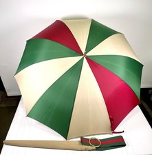 VTG 70s Red Green Stripe Umbrella Tortoise Handle Parasol Mod Mid Century USA