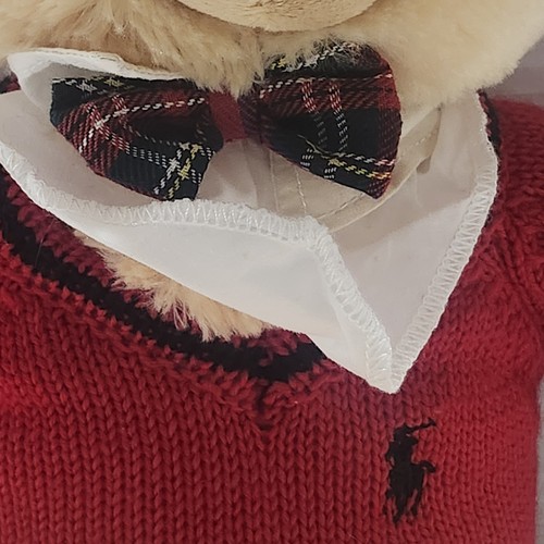 Vintage Ralph Lauren Polo Teddybär Paris 15 Zoll roter Plüsch-Strickpullover kariert Fliege  - Bild 4 von 10