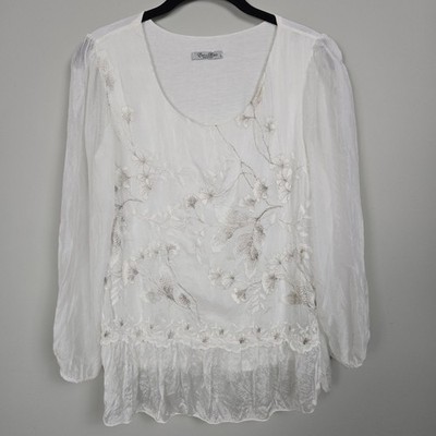 Elena Baldi Womens Floral Embroidered Silk Sheer Top Small White Whimsical Fairy