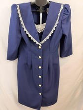 Vintage 80s Leni Leni Navy Blue Sailor Dress Lace Trim Made in USA Size 8