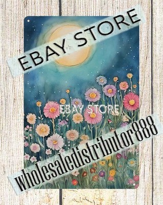 Moonlit Meadow Tin Plaque night floral sky auto re shop decor