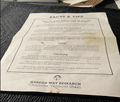 Squeezo Strainer Hints Facts Tips Sheet 1983 Garden Way Research Cleaning