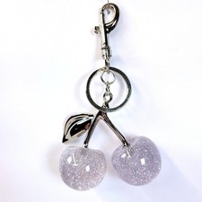 Bag Charm Keychain Glitter Resin Double Cherry Silver Womens Blossom Fairycore