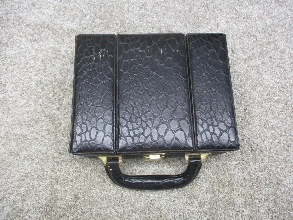 Black Faux Croc Jewelry Box Travel Organizer Case Mirror Ring Slots Trays Handle - Image 4 of 4