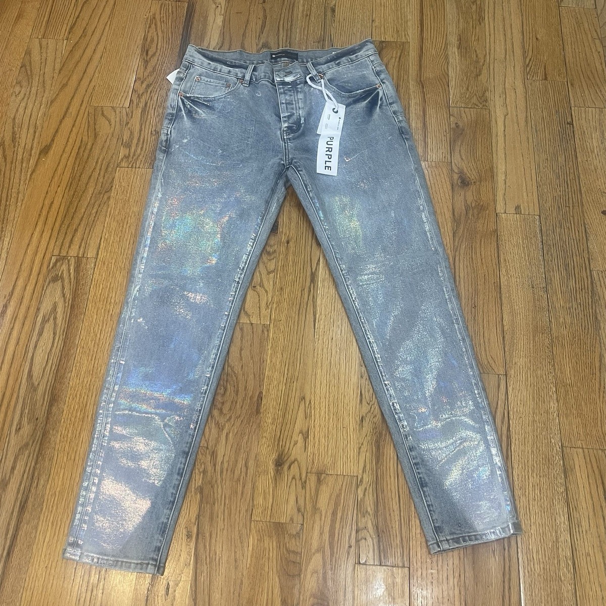 Purple Brand Light Blue Shiny Holographic Denim Jeans Button Men's