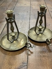 Pair Antique Brass Gimbal Wall Candle Holders Chamberstick Sconces