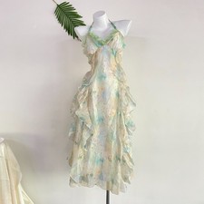 Pastel Watercolor Floral Ruffled Halter Midi Dress