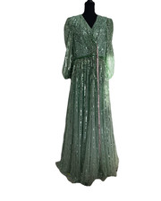 Mac Duggal Green Sequin Mesh V-Neck Long Puff Sleeve Gown Dress Size 14