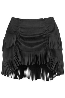 Black Suede Ruched Bustle Mini Skirt w/ Fringe Cowgirl Southwestern Burlesque