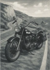 ACEO Mini Card **Art Print** Vintage Police Motorcycle on the PCH Ocean by KJS