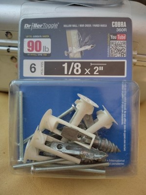 Driller Toggle Hallow Wall Anchor Kit 1/8'' x 2'' Cobra 360E, 90lb Hold, 6-Pack