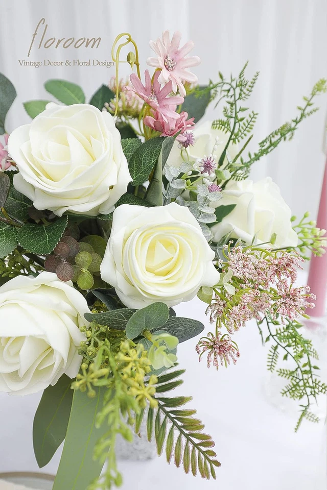 Flores Artificiales 20 piezas Rosas Falsas Espuma Alto Centrada Marfil Aspecto Real con... Foto 3 de 4