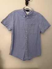 Tommy Hilfiger Slim Fit Shirt Mens Large Blue Check Short Sleeve Cotton