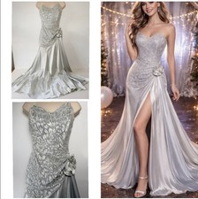 Vintage Cache Pure Silk Burnout Velvet Grey Silver Prom Dress Tube Side Slit S