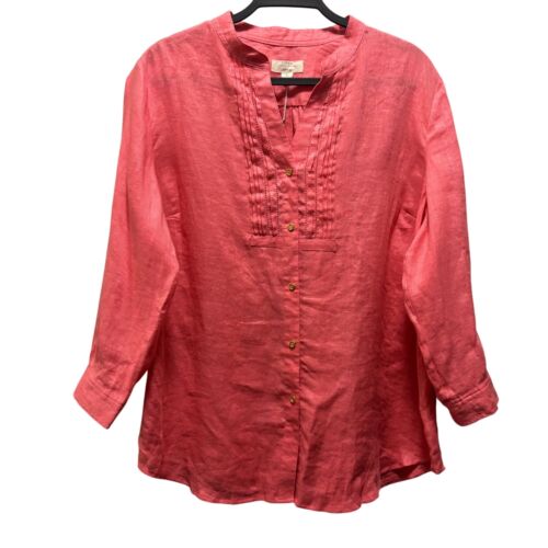 Charter Club Womens Coral Linen Blouse XL Roll Tab Sleeves Button Front Pintuck