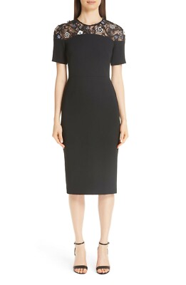 LELA ROSE Black 3D Floral Embroidered Illusion Lace Sheath Cocktail Dress 8 = M