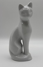 Ceramic Cast White Glazed Seated Cat Statue Figurine MCM Elegant 8.25? Crack PIC