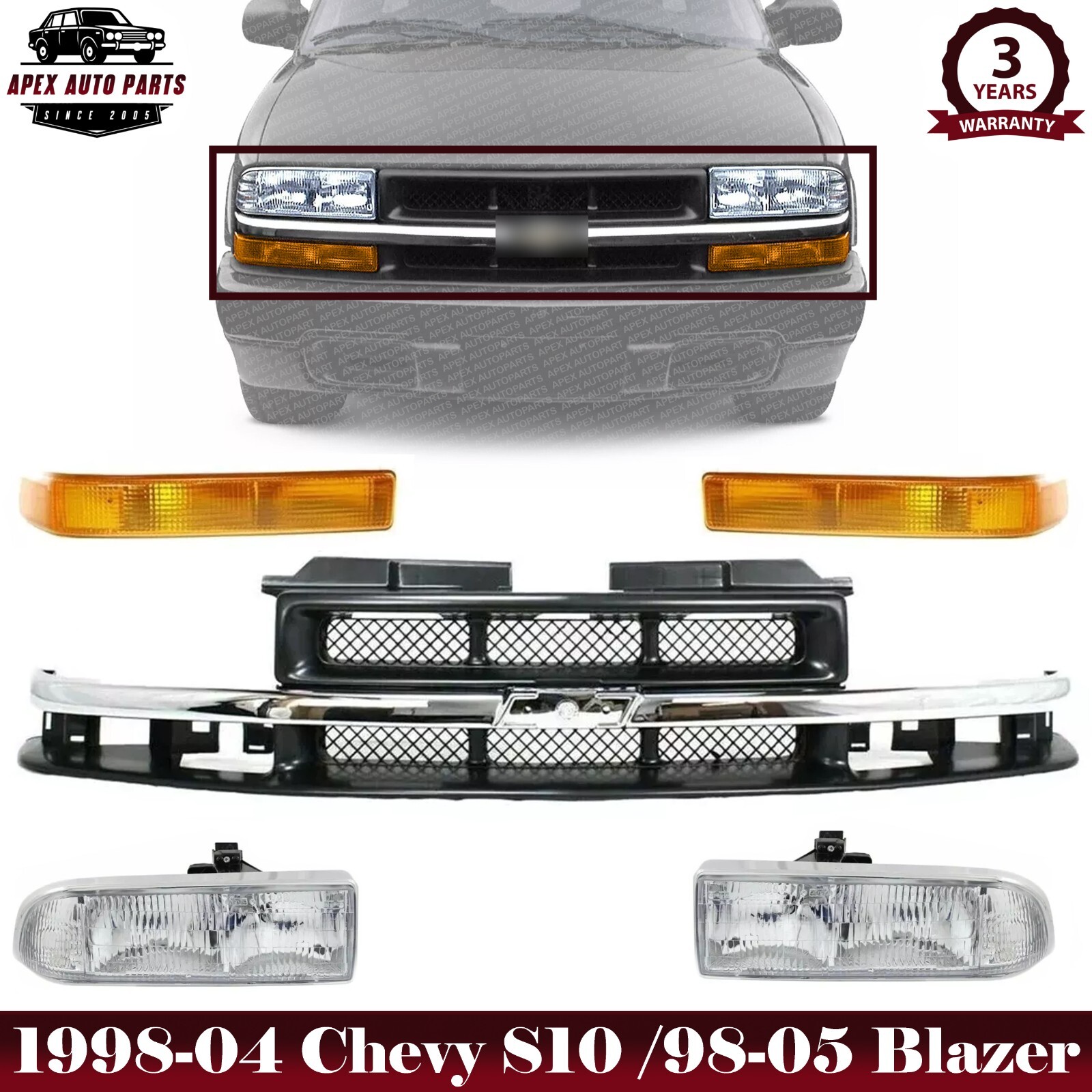 Grille Assembly + Headlights + Signal Lights For 1998-04 Chevy S10 /98-05 Blazer