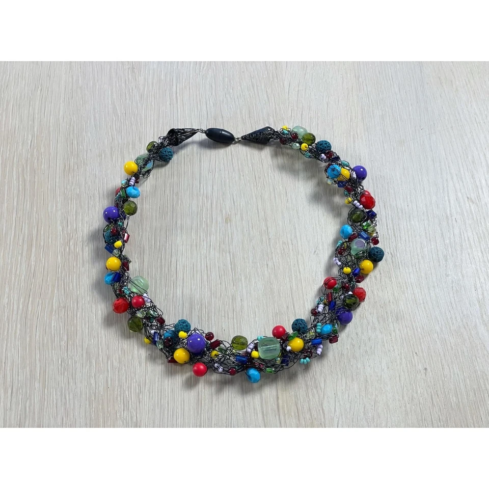 Handgefertigte bunte Draht gehäkelte Perlen Halskette einzigartig künstlerisc... - Bild 2 von 4