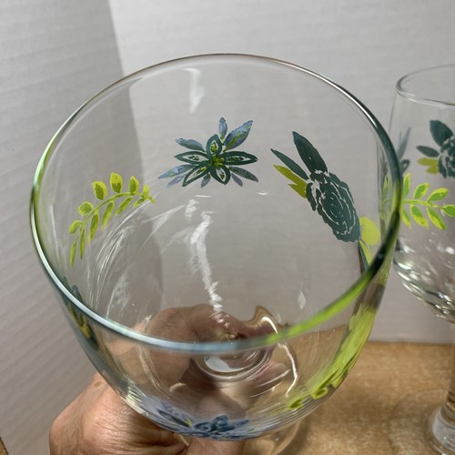 2 Wine Water Stem Glasses Teal Painted Floral -Classy Greenbrier-7.25” - Picture 4 of 10