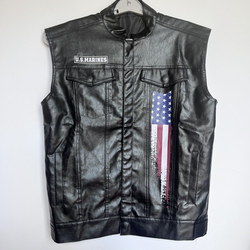 US Marines Mens Black Pleather Faux Leather Vest L Snaps Closure - Picture 2 of 10