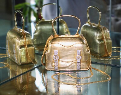 Judith Leiber GOLD Metal Swarovski Crystal Train Case Box LUGGAGE