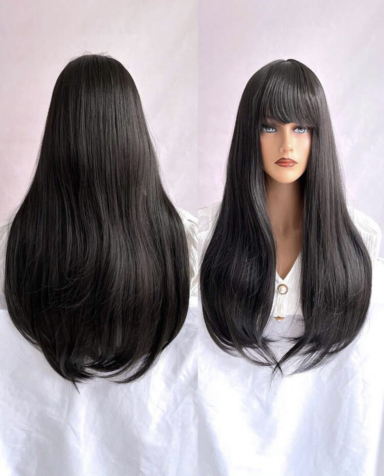 Perruque synthétique longue noire femme frange cheveux lisses 65cm