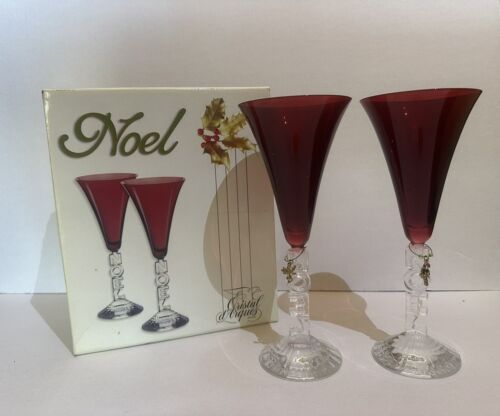 Vintage NOEL Cristal d'Arques Champagne Glass Fluted Wine Set 2 Ruby Red Crystal - Picture 1 of 3
