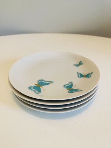Vtg Jean Luce Blue Butterfly Bread & Butter Plates, Set of 4, Mid Century Modern - Picture 4 of 9
