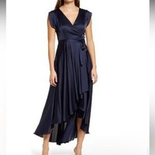 Lulus Fallen For You Satin High/Low Dress womens SIZE XS XSMALL NAVY BLUE NWOT