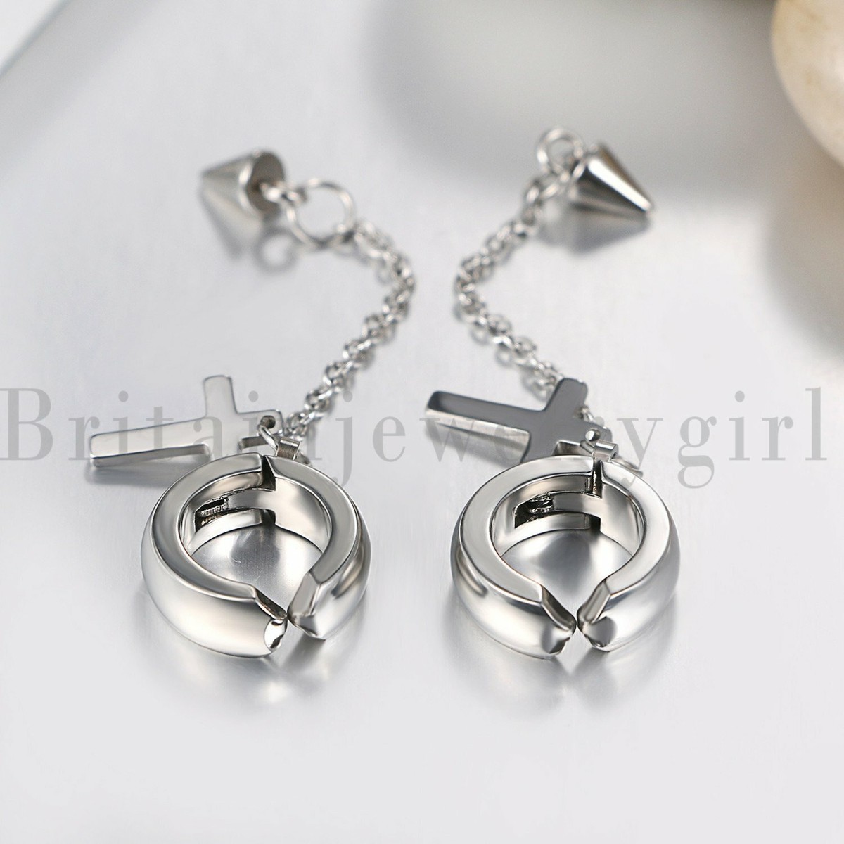 Stainless Steel Cross Chain Dangle Huggie Earrings - Rock Style Hoop Studs With Snap Closure