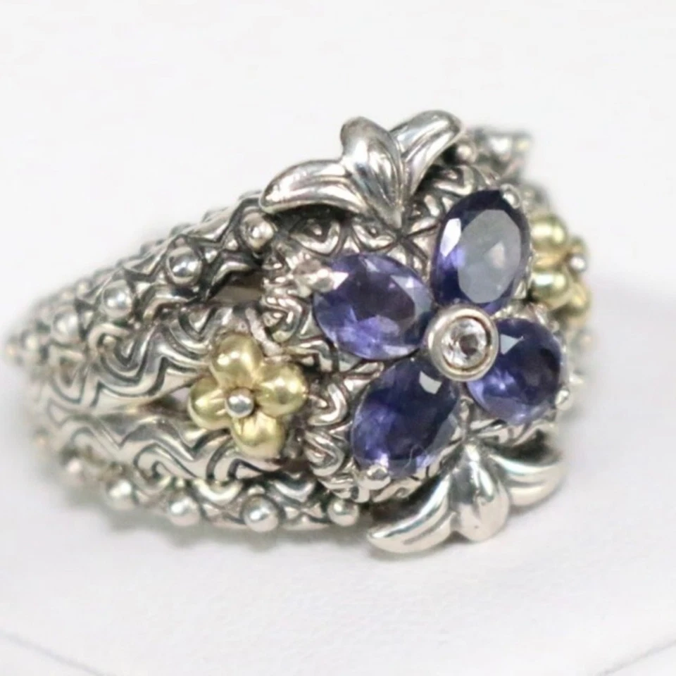 Anillo Barbara Bixby Plata de Ley Oro 18kt Amatista Flor Talla 7.25 Foto 2 de 4