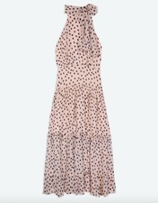RRP£295 New Rixo Abi Halter Neck Icing Sugar Polka Midi Slik Dress Size L