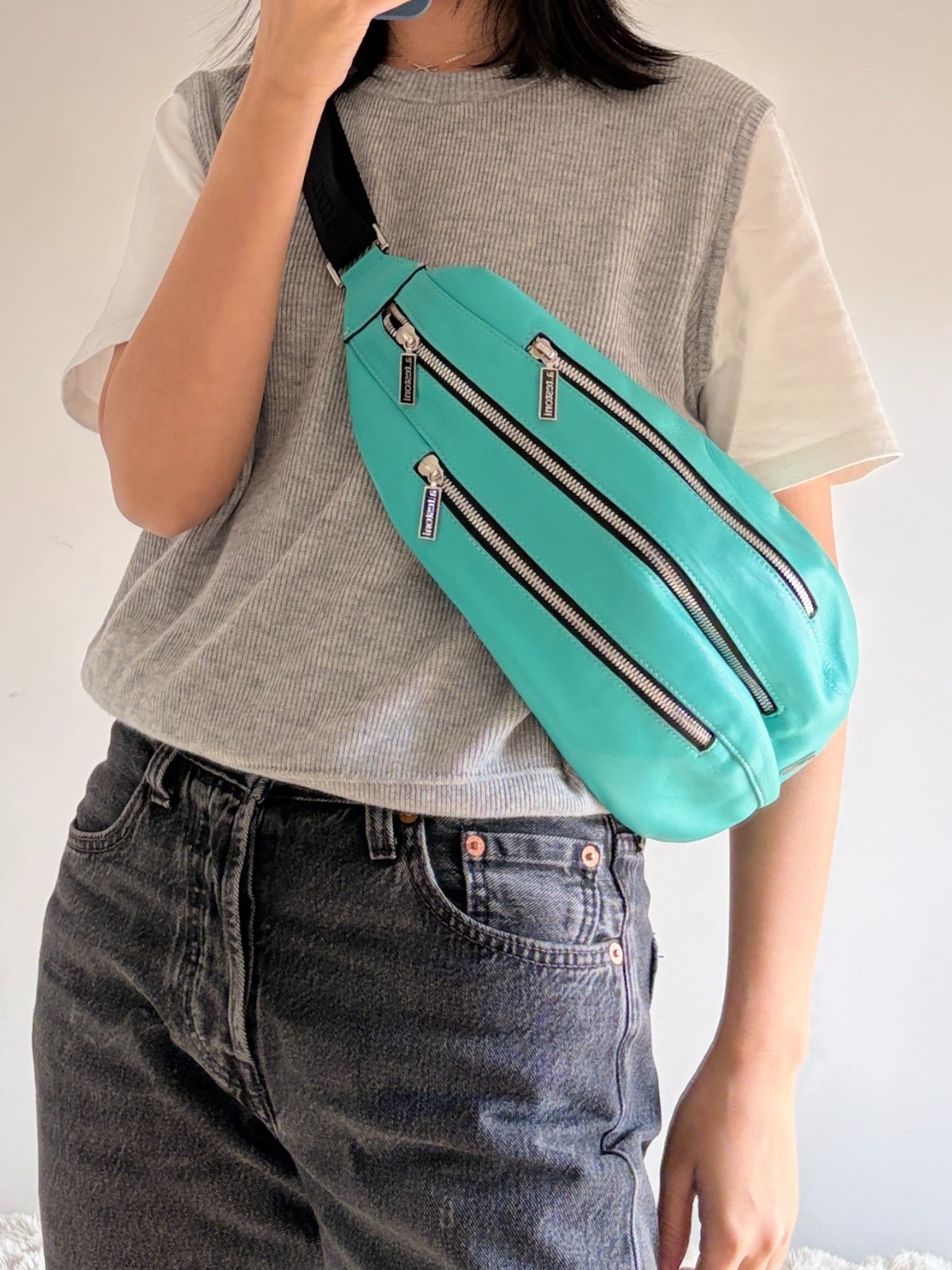 a.testoni Turquoise Leather Sling Bag Crossbody Made in Italy